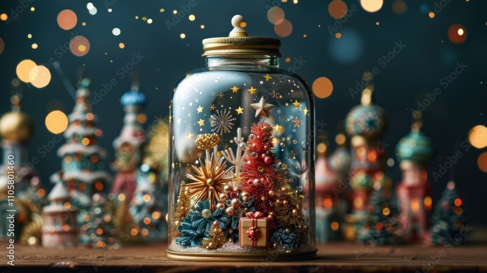 Miniature Christmas scene in a glass jar with ornaments and bokeh lights. Miniature Christmas scene in a glass jar with ornaments and bokeh lights.