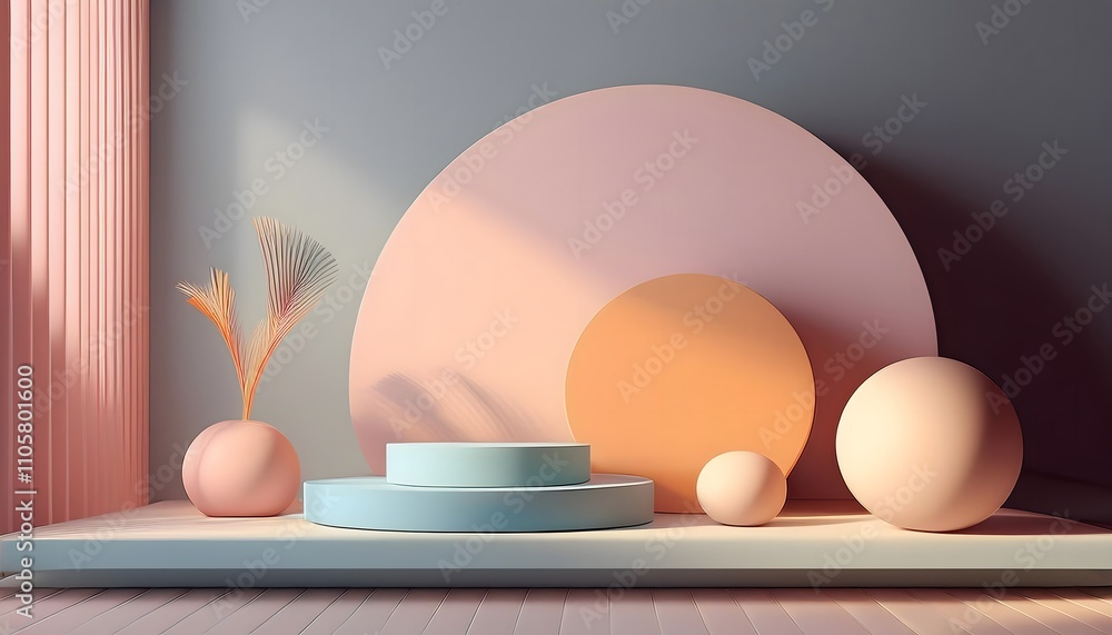 Fototapeta premium Modern minimalist 3D scene with pastel geometric shapes and soft lighting creating a calm and artistic atmosphere
