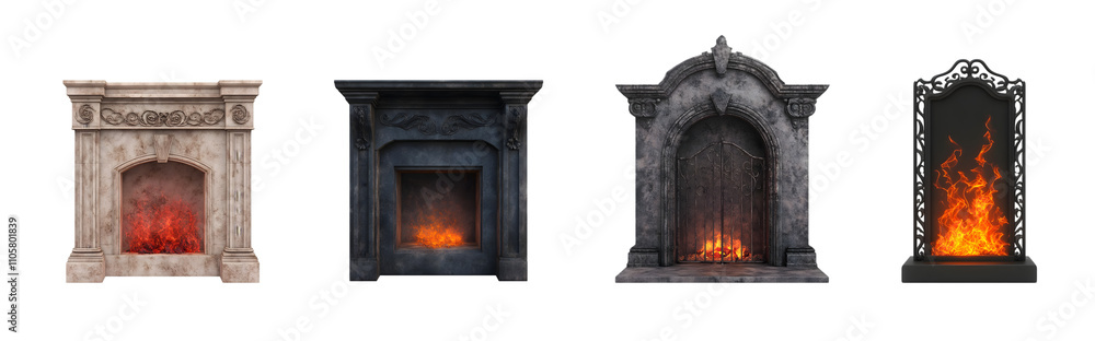 Elegant fireplaces featuring diverse designs and glowing flames. Elegant fireplaces featuring diverse designs and glowing flames.
