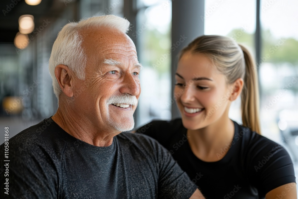 An elderly man beams with joy as he enjoys a moment with a young woman at the gym, emphasizing the warmth of human connections during fitness activities that inspire all ages. An elderly man beams with joy as he enjoys a moment with a young woman at the gym, emphasizing the warmth of human connections during fitness activities that inspire all ages.