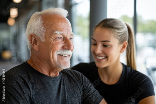 An elderly man beams with joy as he enjoys a moment with a young woman at the gym, emphasizing the warmth of human connections during fitness activities that inspire all ages.