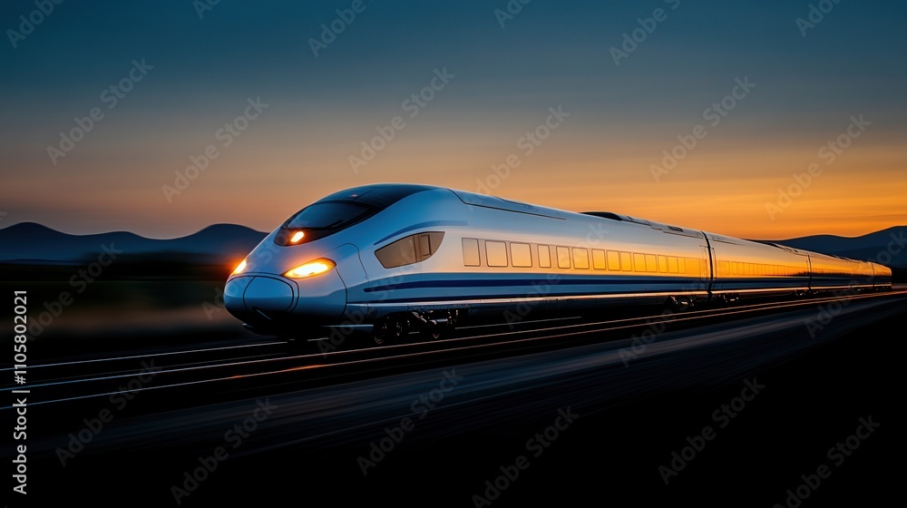 Obraz premium High-speed train advances smoothly towards station with mountains in the background during twilight hours