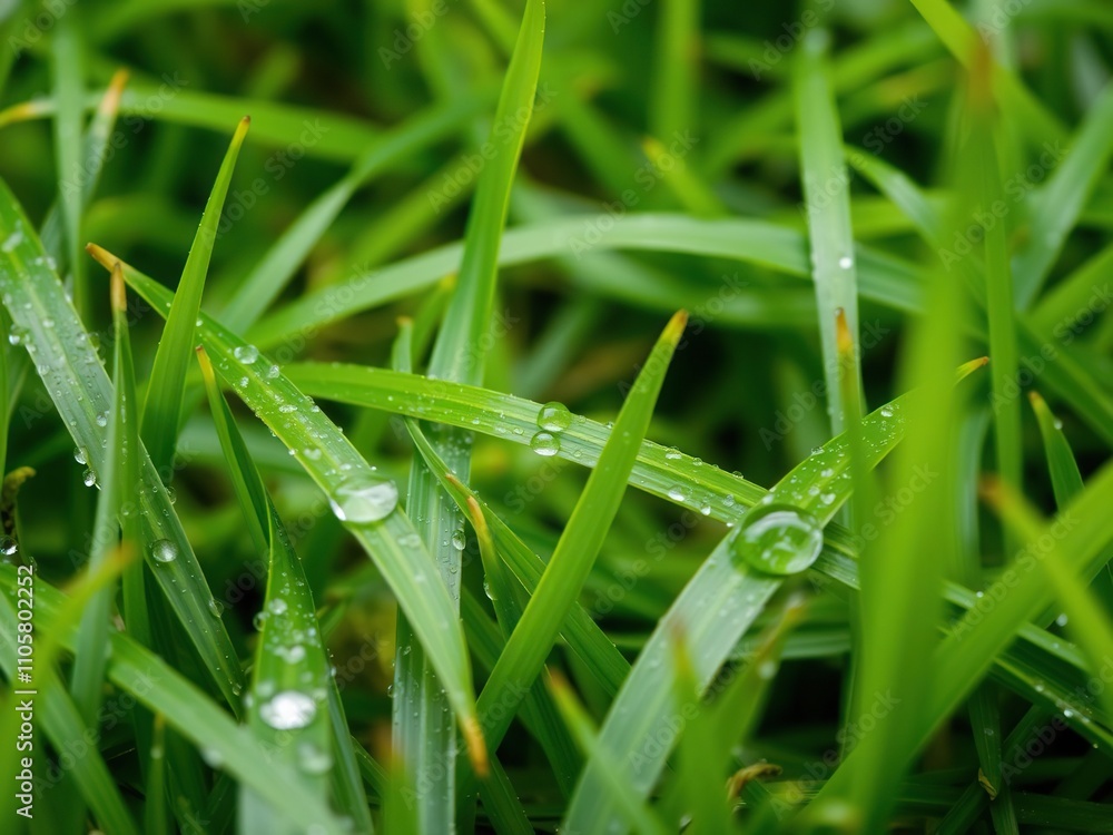 Close-up of blades of grass on a green lawn after a spring shower, outdoor, rain, scenery Close-up of blades of grass on a green lawn after a spring shower, outdoor, rain, scenery
