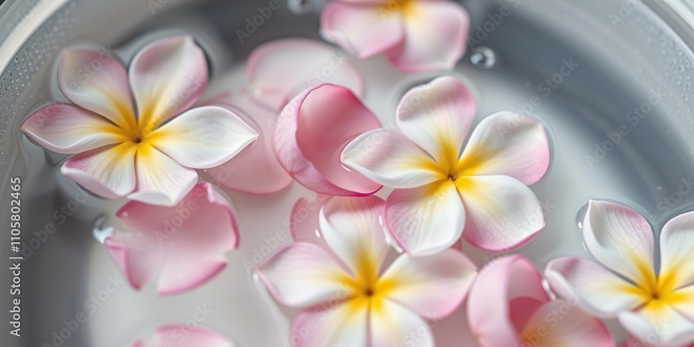 Close-up of delicate flower petals floating gently in a shallow dish of water with tiny bubbles, small, bubble, flower Close-up of delicate flower petals floating gently in a shallow dish of water with tiny bubbles, small, bubble, flower