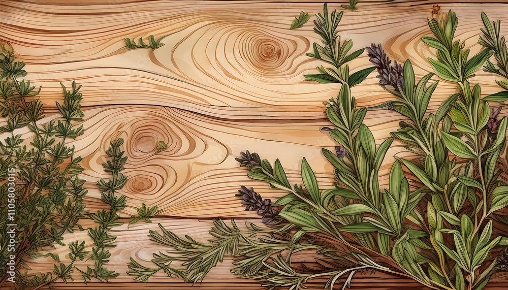Herbal ingredients and spices on a rustic wooden kitchen counter Herbal ingredients and spices on a rustic wooden kitchen counter