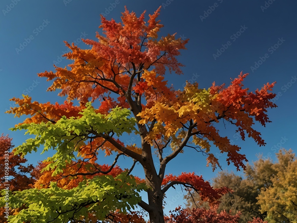Colorful tree with vibrant foliage set against a clear sky. Colorful tree with vibrant foliage set against a clear sky.