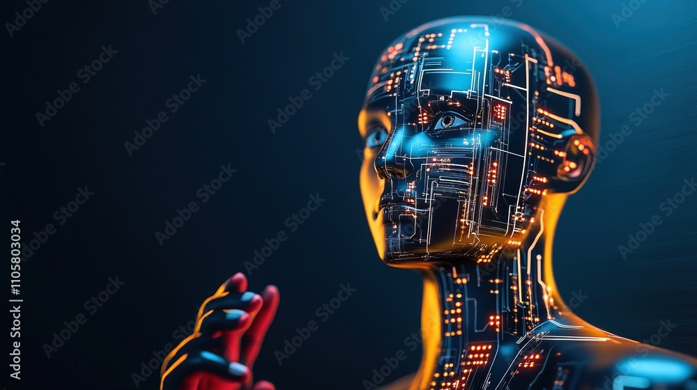Exploration of artificial intelligence concepts through a futuristic humanoid figure with intricate circuit designs, illuminated by contrasting light sources Exploration of artificial intelligence concepts through a futuristic humanoid figure with intricate circuit designs, illuminated by contrasting light sources