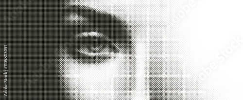 Halftone vector illustration of a partly visible face emerges from a faint background, with a transparent halftone dotted screen, perfect for comics, magazines or ads.