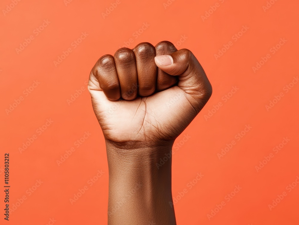 Symbolic Raised Fist Against Vibrant Orange Background Symbolic Raised Fist Against Vibrant Orange Background