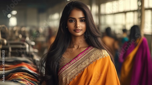 Confident young Indian woman in colorful kurti stands in bustling garment factory surrounded by women