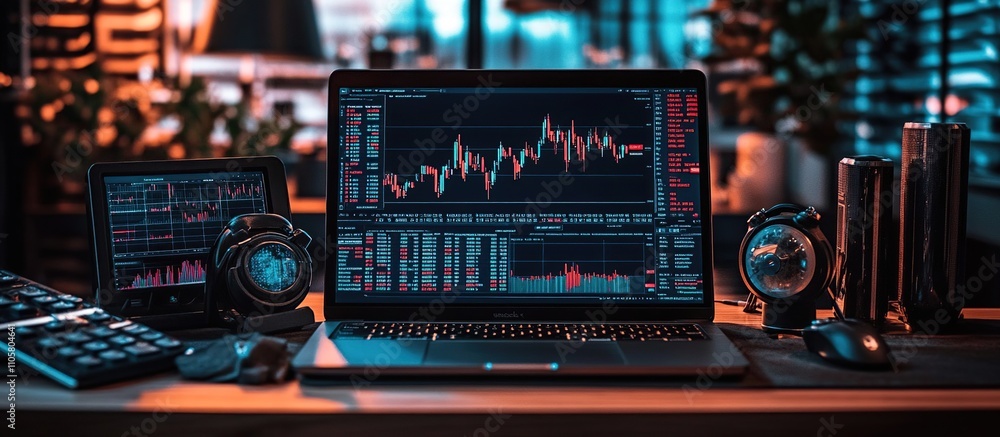 A workspace with financial charts and data analysis tools for trading and investment. A workspace with financial charts and data analysis tools for trading and investment.