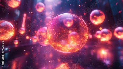 Radiant glowing spheres with detailed textures, vibrant gradient reflections, and cosmic particle effects