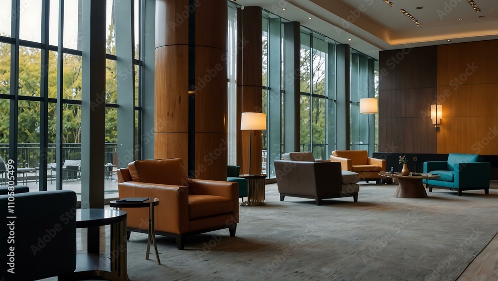 Fototapeta premium Comfortable chairs in hotel lobby with glass walls.