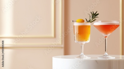 Elegant Cocktail Presentation with Citrus Garnish and Herb Decoration on a Marble Table Against a Soft Pink Backdrop in a Stylish Bar Setting photo