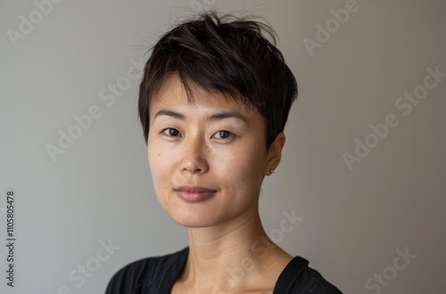 a portrait of a woman with short, dark hair styled in a pixie cut. She has a calm and neutral expression on her face. She is wearing a black top and is positioned against a plain