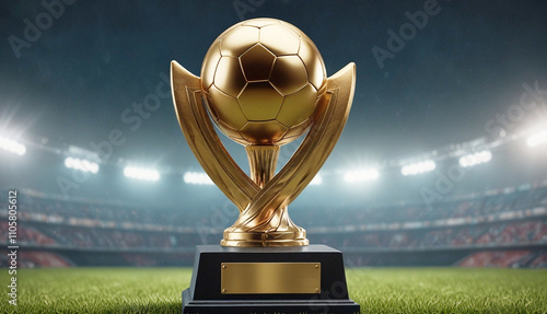 Champion trophy cup with empty stadium lights background, World  trophy cup. Generative AI