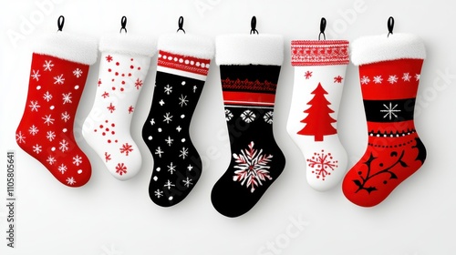 Design black silhouette illustrations of cute Christmas Stocking in various activities ,with bold lines and simple design, placed on a white background 