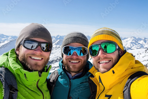 Three men in colorful jackets posing in the mountains