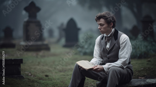 a young man sitting in a gloomy, fog-shrouded cemetery. 