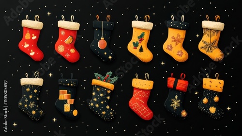Design black silhouette illustrations of cute Christmas Stocking in various activities ,with bold lines and simple design, placed on a white background 