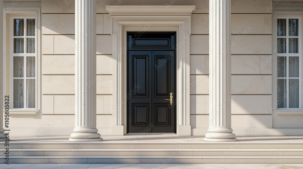 A full body sleek black door framed by elegant, tall columns in a modern architectural setting A full body sleek black door framed by elegant, tall columns in a modern architectural setting