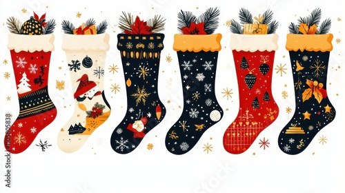 Design black silhouette illustrations of cute Christmas Stocking in various activities ,with bold lines and simple design, placed on a white background 