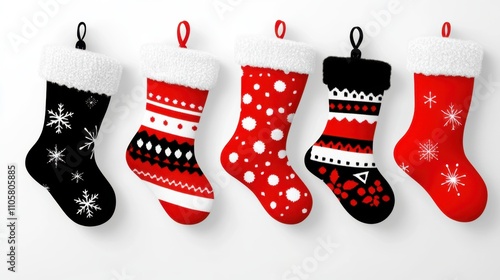 Design black silhouette illustrations of cute Christmas Stocking in various activities ,with bold lines and simple design, placed on a white background 