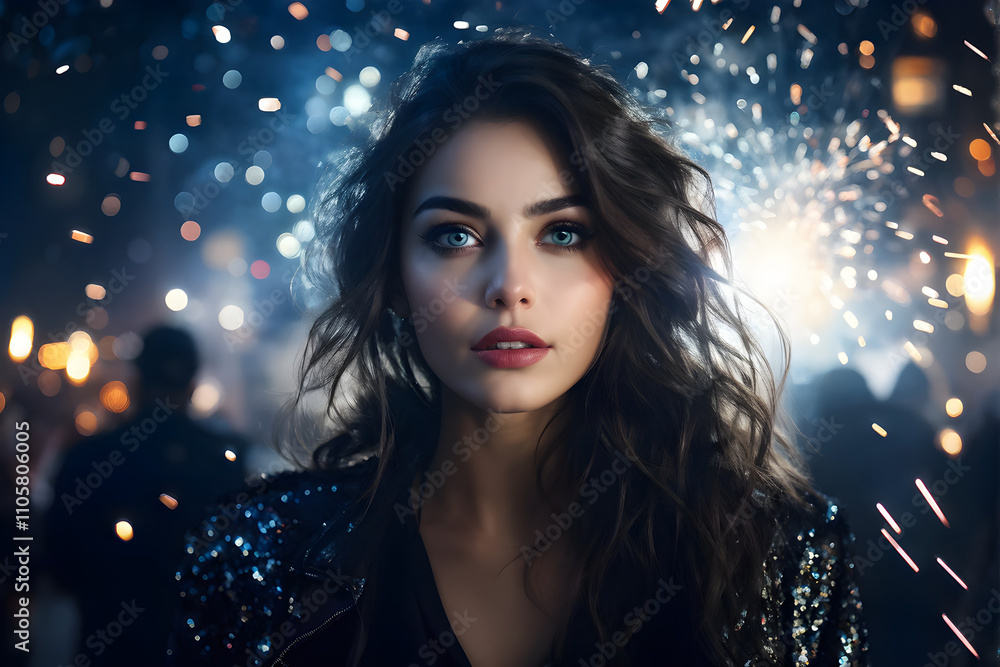 Woman enjoying magical festive New Year’s Eve with fireworks Woman enjoying magical festive New Year’s Eve with fireworks