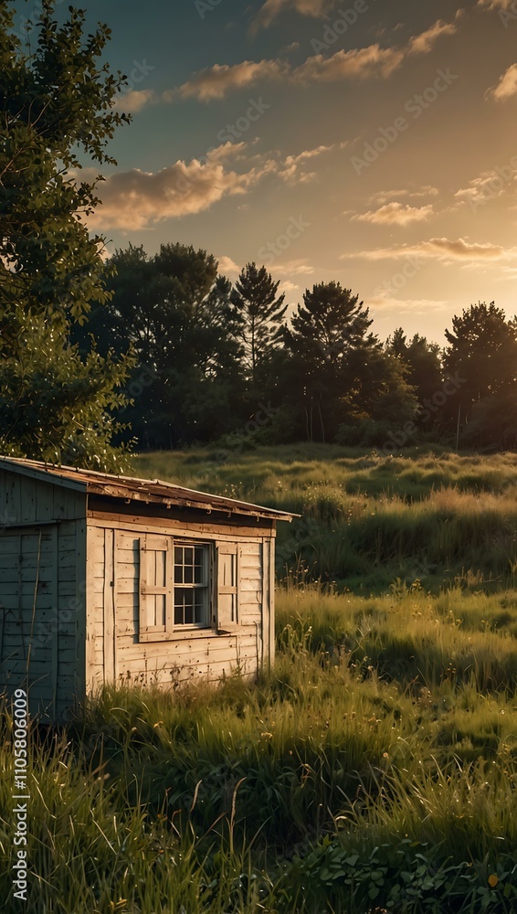 Obraz premium Comic-style shed in a secluded rural area with overgrown grass.