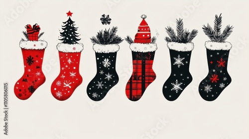 Design black silhouette illustrations of cute Christmas Stocking in various activities ,with bold lines and simple design, placed on a white background 