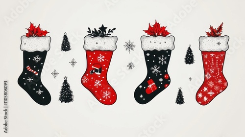 Design black silhouette illustrations of cute Christmas Stocking in various activities ,with bold lines and simple design, placed on a white background 