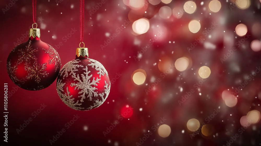 Fototapeta premium Festive Red Christmas Background with Hanging Ornaments and Snowflakes, Bokeh Lights, Copy Space. Perfect for Holiday Greetings, Winter Wonderland Themes, and Seasonal Designs.