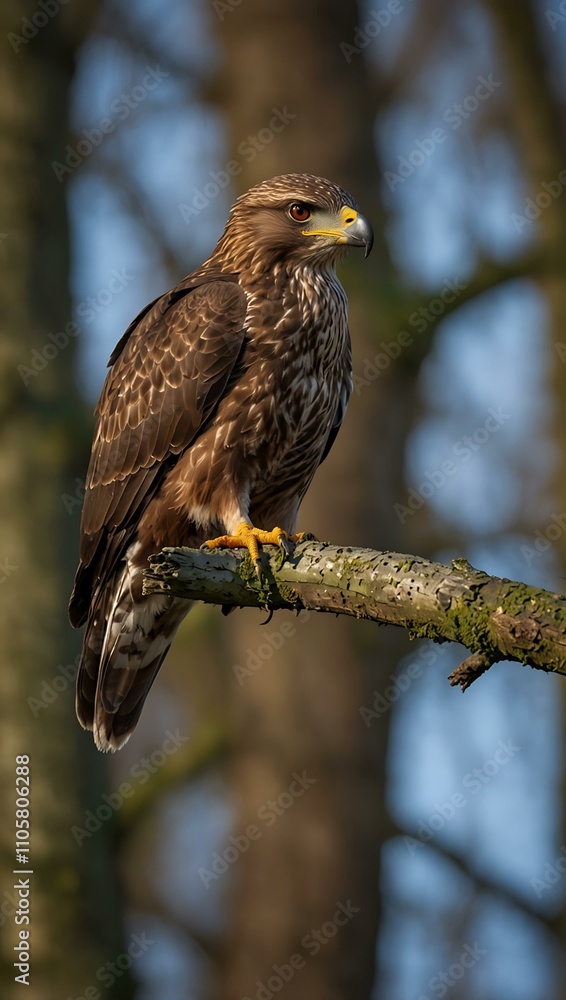 Common buzzard in early spring forest. Common buzzard in early spring forest.