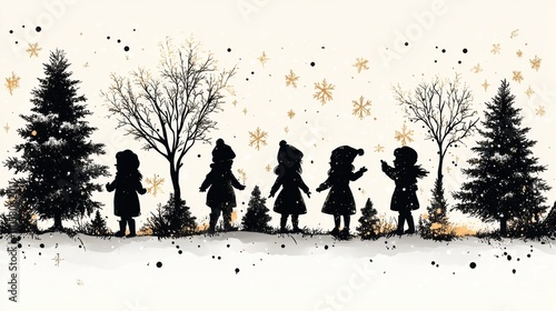Design black silhouette illustrations of cute Christmas Tinsel in various activities ,with bold lines and simple design, placed on a white background 