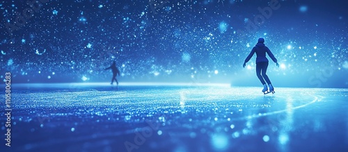 Ice skaters glide on a shimmering blue rink surrounded by a magical, starry atmosphere.