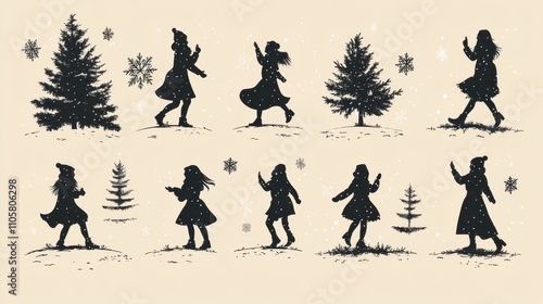 Design black silhouette illustrations of cute Christmas Tinsel in various activities ,with bold lines and simple design, placed on a white background 