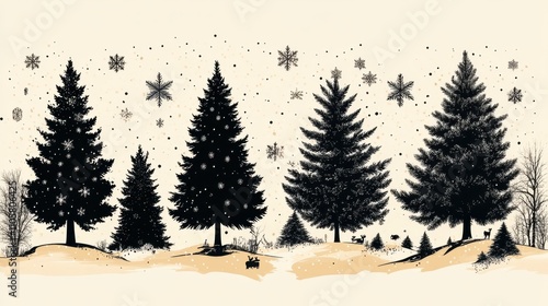 Design black silhouette illustrations of cute Christmas Tree in various activities ,with bold lines and simple design, placed on a white background 