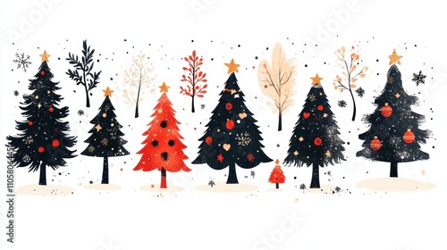 Design black silhouette illustrations of cute Christmas Tree in various activities ,with bold lines and simple design, placed on a white background 