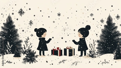 Design black silhouette illustrations of cute Christmas Wrapping Paper in various activities ,with bold lines and simple design, placed on a white background 