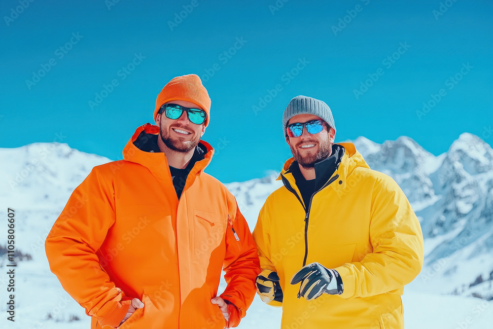 Two men in vibrant ski gear happily pose together. Two men in vibrant ski gear happily pose together.