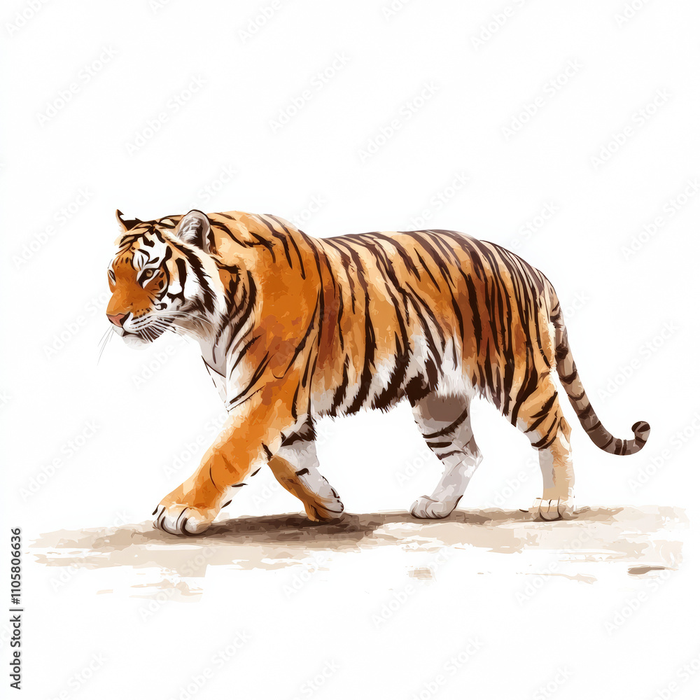 Obraz premium Tiger side view walking, white background
