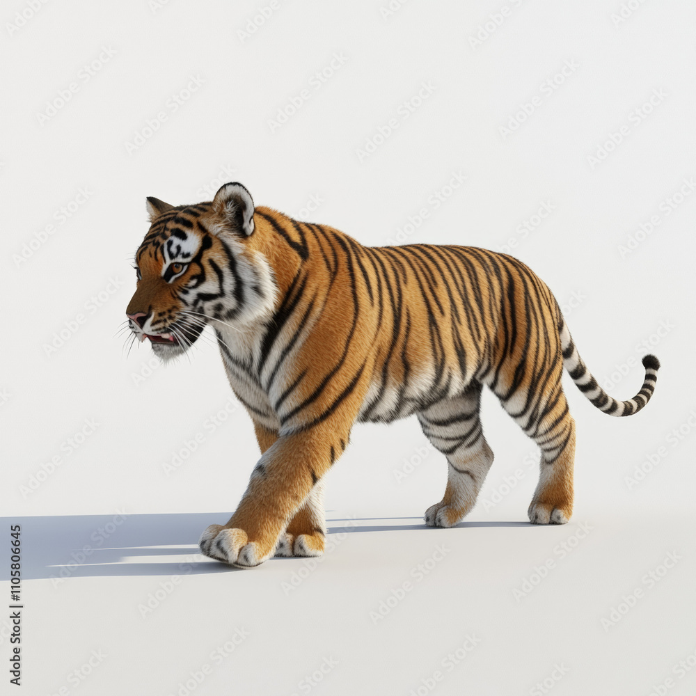 Obraz premium Tiger side view walking, white background