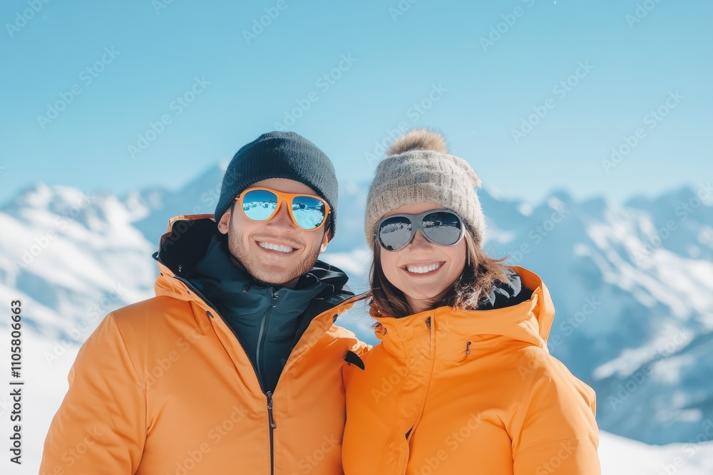 Couple in orange ski gear with snowy mountains behind Couple in orange ski gear with snowy mountains behind