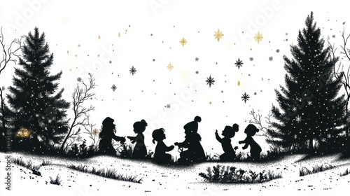 Design black silhouette illustrations of cute Christmas Wrapping Paper in various activities ,with bold lines and simple design, placed on a white background 