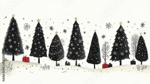 Design black silhouette illustrations of cute Christmas Wrapping Paper in various activities ,with bold lines and simple design, placed on a white background 