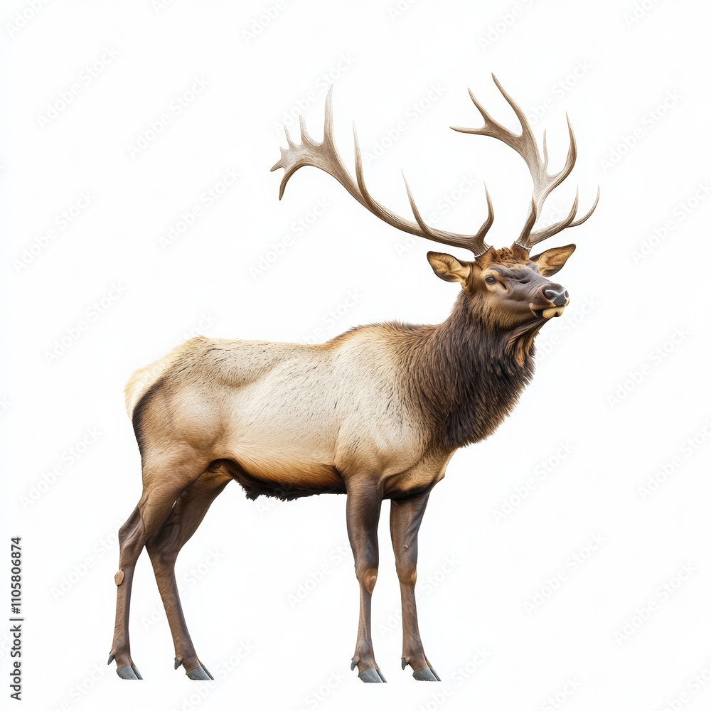 Obraz premium Photo of an elk in the wild, standing tall with impressive antlers, on a white background
