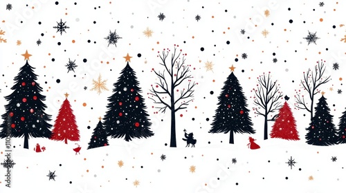 Design black silhouette illustrations of cute Christmas Wrapping Paper in various activities ,with bold lines and simple design, placed on a white background 