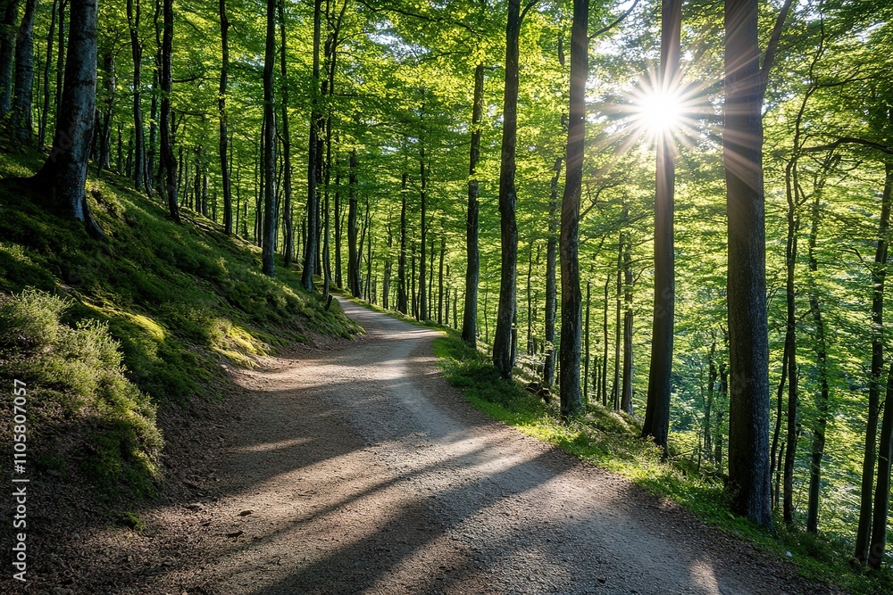 Obraz premium Sunlight piercing through green forest on serene path