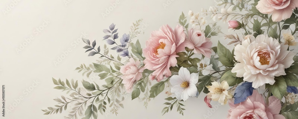 Fototapeta Elegant watercolor composition of delicate flowers and ornate leaves in a corner layout, decorative, corner layout, painting, artwork, watercolor