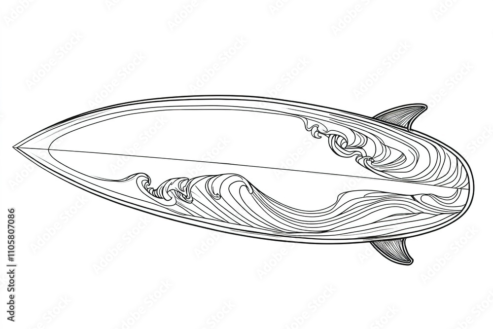 Surfboard with wave patterns in monochrome style Surfboard with wave patterns in monochrome style